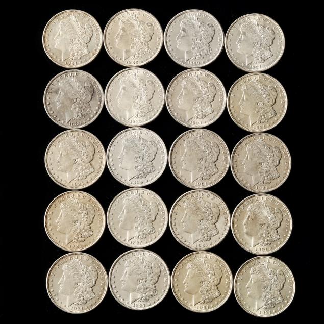 mixed-roll-of-morgan-silver-dollars-with-thirteen-13-1921-dated-coins