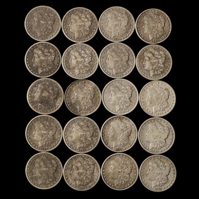 mixed-roll-of-twenty-20-circulated-morgan-silver-dollars