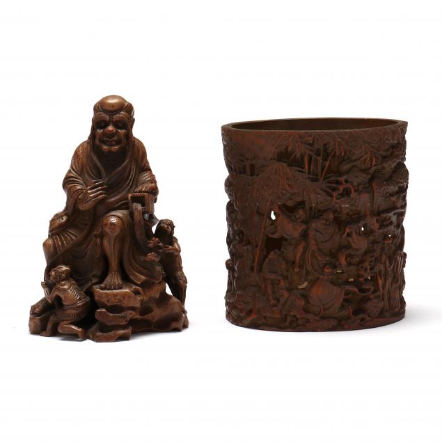 a-chinese-carved-wooden-seated-arhat-and-brush-pot-with-sages