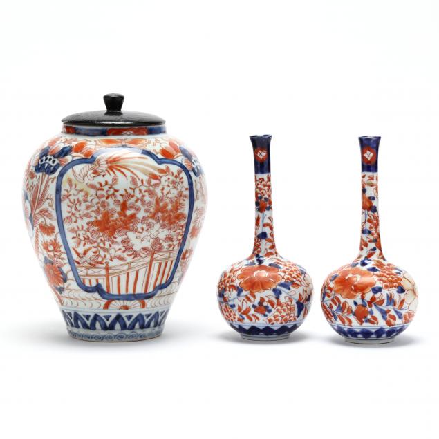 a-pair-of-japanese-imari-bottle-vases-and-ginger-jar