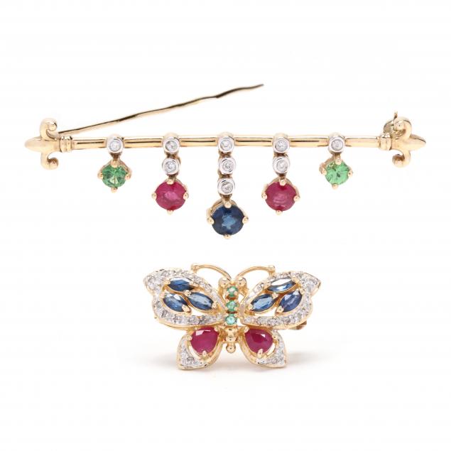 two-gold-and-gem-set-brooches