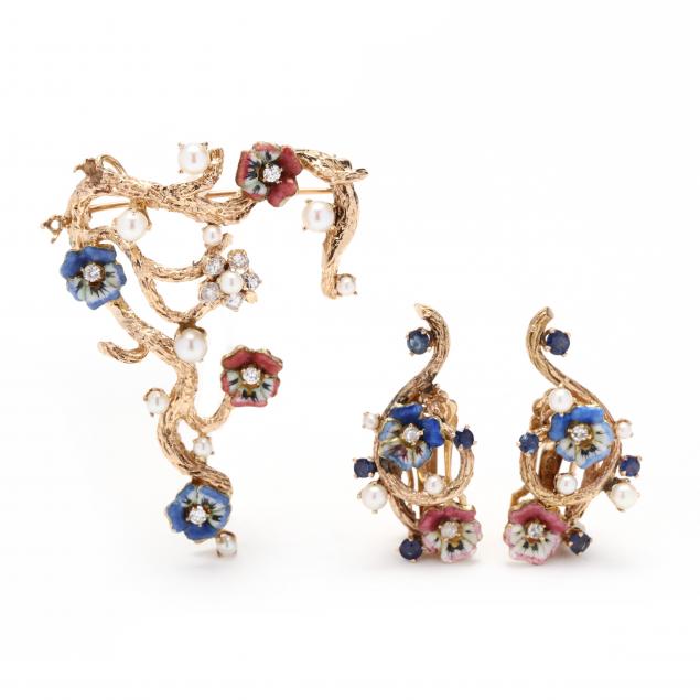 gold-enamel-and-gem-set-flower-motif-set