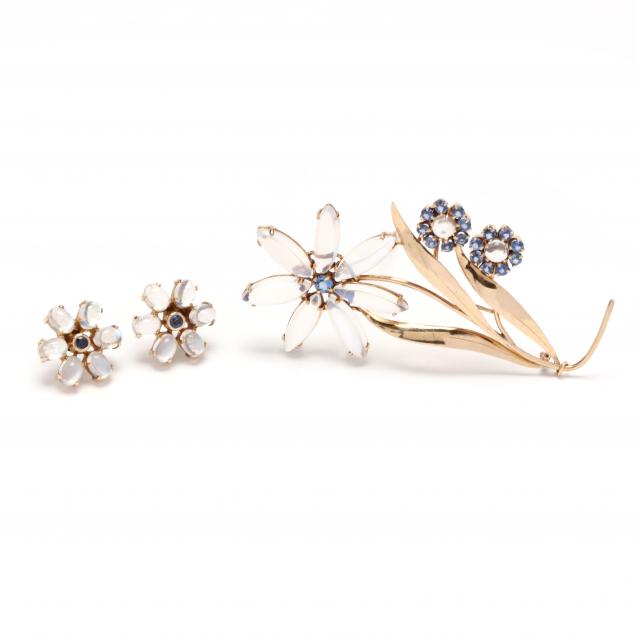 retro-gold-and-gem-set-flower-motif-brooch-and-earrings