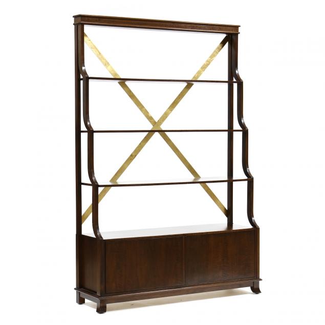 contemporary-tall-walnut-and-gilt-metal-bookcase