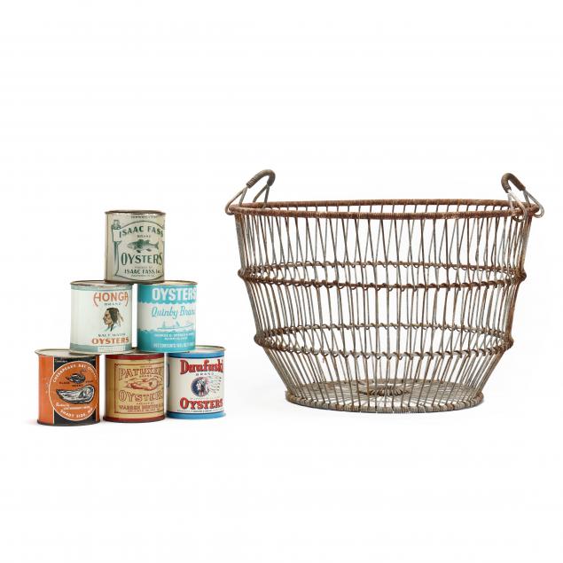 vintage-clam-basket-with-six-pint-oyster-cans
