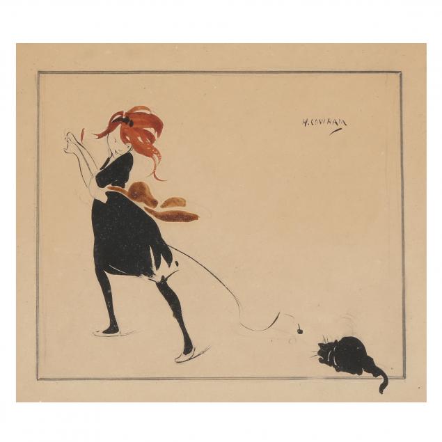 hilda-gertrude-cowham-british-1873-1964-small-illustration-of-a-woman-and-cat