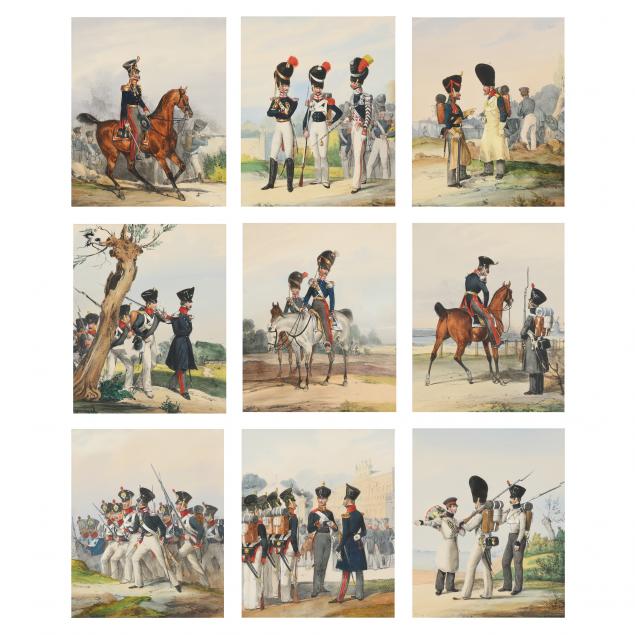 group-of-nine-antique-german-military-scenes-from-i-sammtliche-truppen-von-europa-i