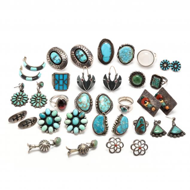 group-of-southwestern-silver-and-gem-set-rings-and-earrings