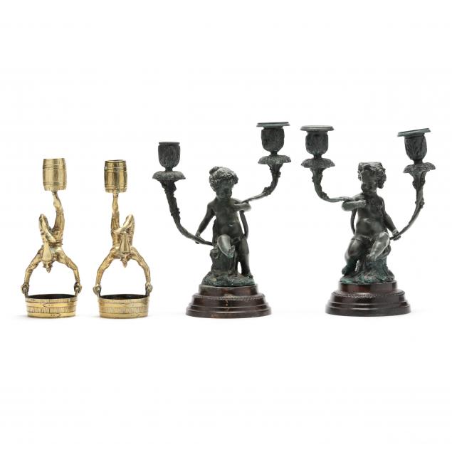 two-pairs-of-vintage-figural-metal-candlesticks
