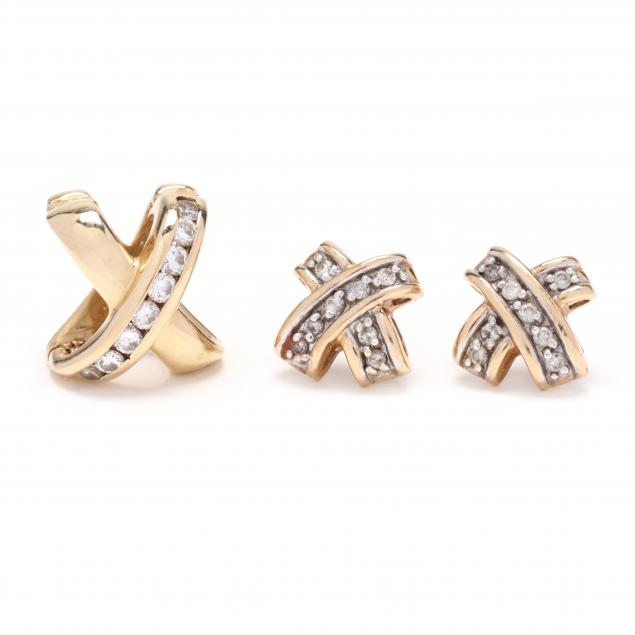 gold-and-diamond-x-motif-slide-and-earrings