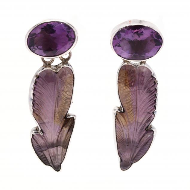 sterling-silver-amethyst-and-ametrine-leaf-motif-earrings-amy-kahn-russell