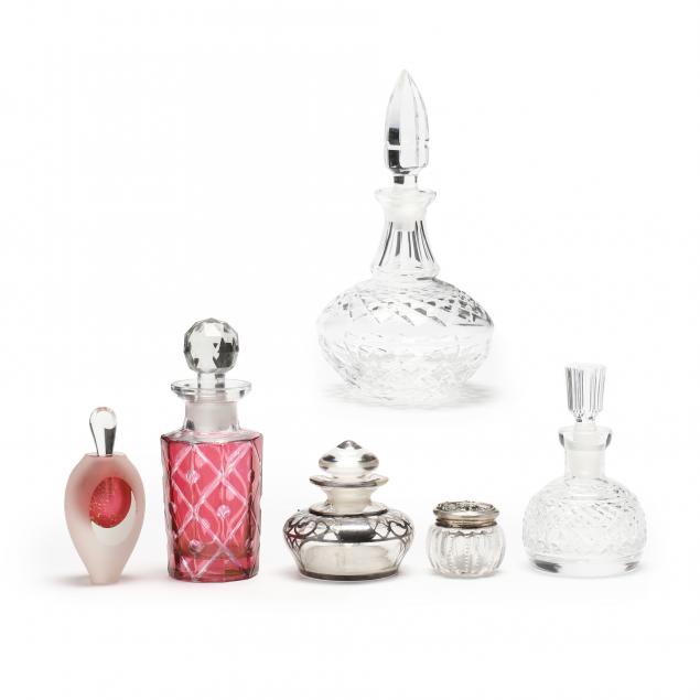 five-assorted-glass-perfume-bottles-and-a-small-dresser-jar