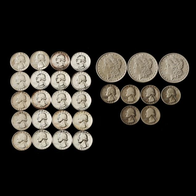 three-morgan-dollars-and-twenty-six-26-90-silver-washington-quarters