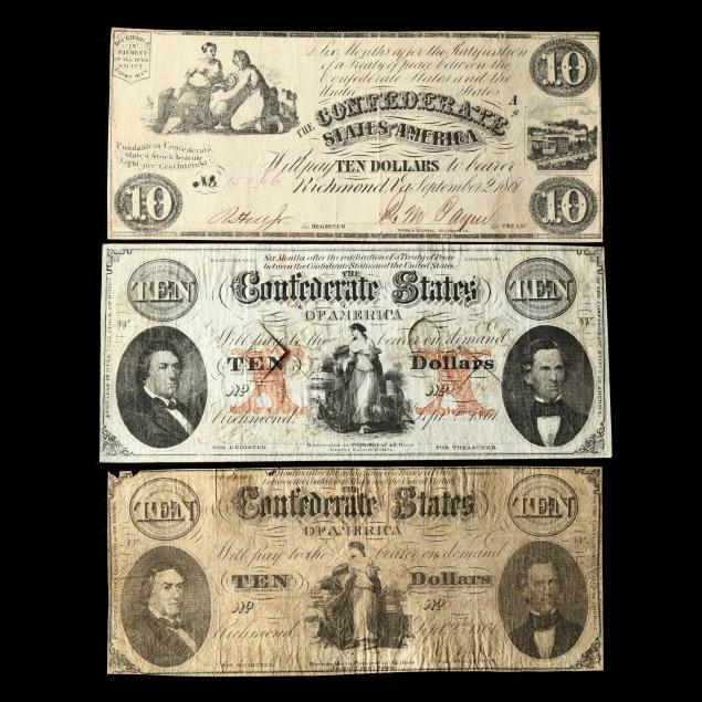 three-early-war-confederate-10-notes
