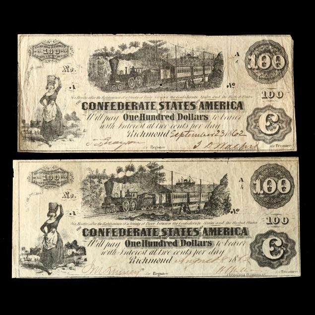 two-100-confederate-notes-with-milkmaid-and-railroad-vignettes