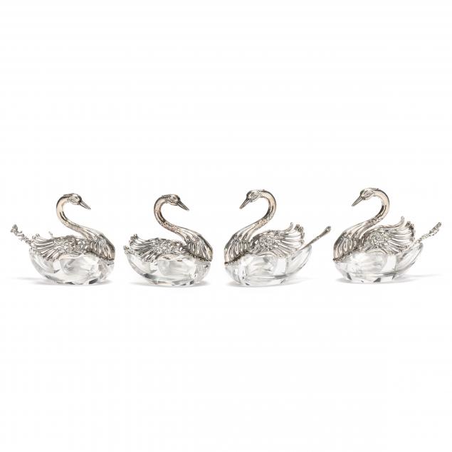 four-german-835-silver-and-crystal-swan-salt-cellars-with-salt-spoons