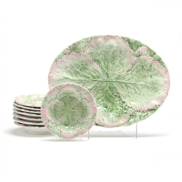 majolica-cabbage-leaf-platter-and-eight-plates