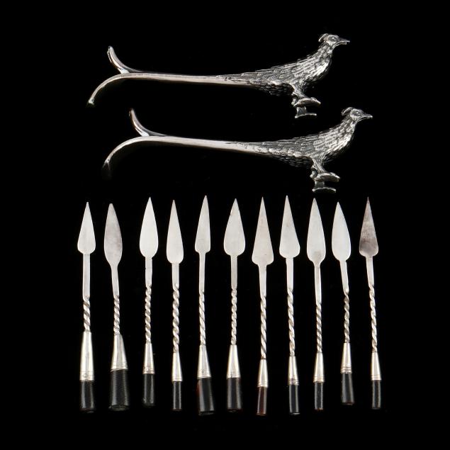 silver-hors-d-oeuvres-picks-and-a-pair-of-pheasant-knife-rests