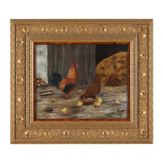 a-contemporary-painting-of-chickens-in-a-farm-yard