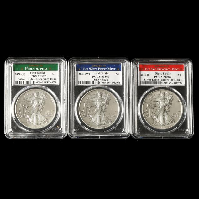 three-coin-set-of-pcgs-graded-2020-american-silver-eagles