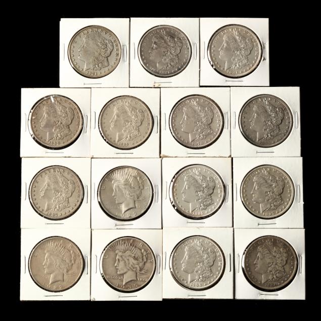 twelve-12-morgan-silver-dollars-and-three-3-peace-silver-dollars