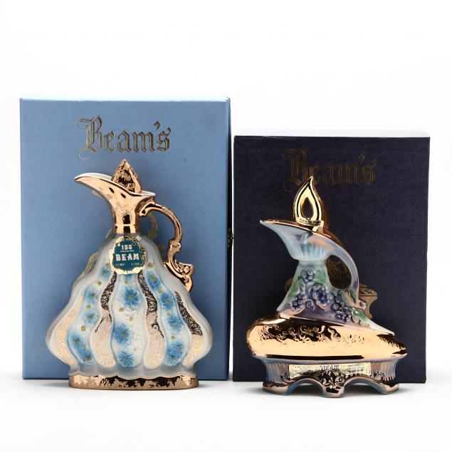 beam-bourbon-whiskey-in-gold-cobalt-blue-floral-decanters