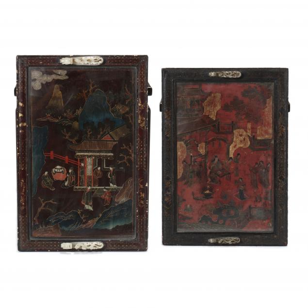 two-chinese-lacquered-and-painted-panels-set-as-tables-with-jade-belt-hooks