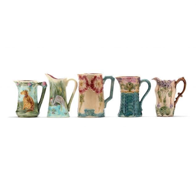 five-majolica-pitchers