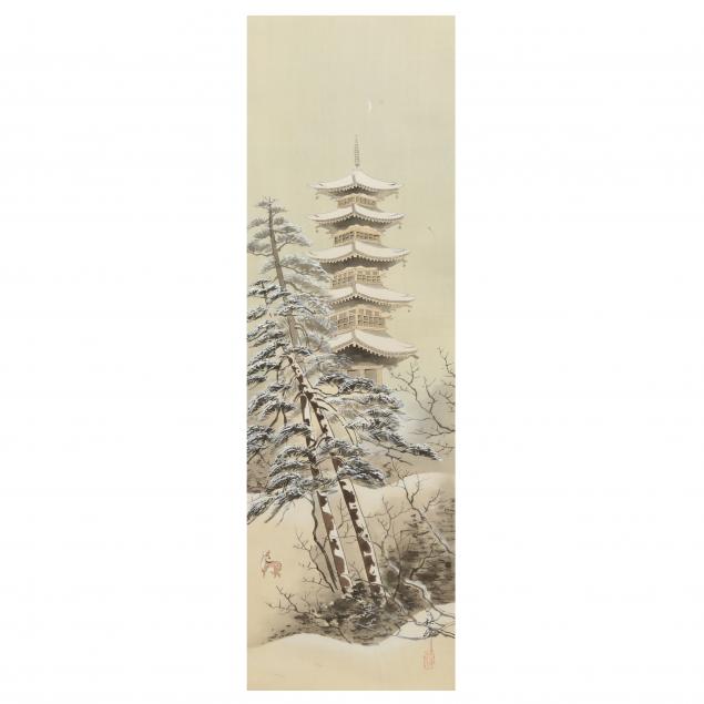a-japanese-painting-of-snow-covered-temple-with-deer-and-pine