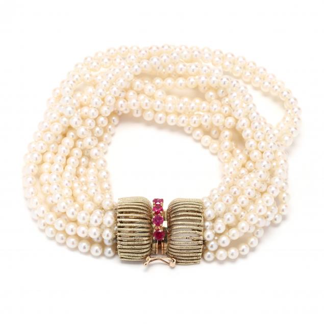 multi-strand-pearl-bracelet-with-gold-and-synthetic-ruby-clasp