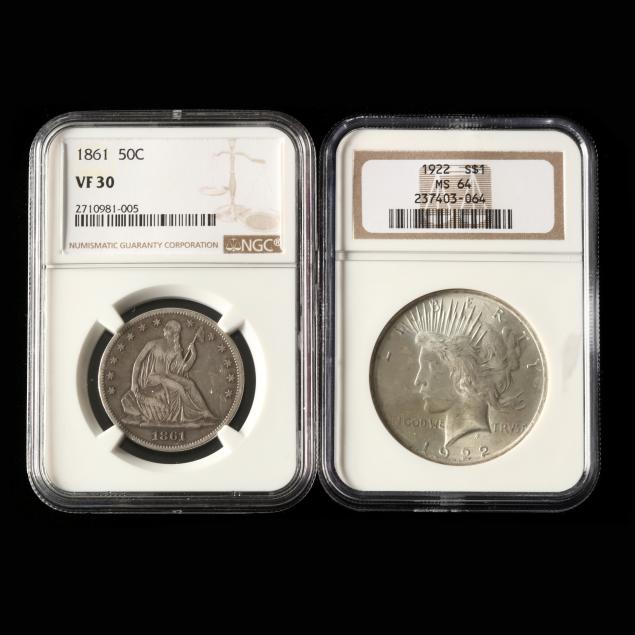 1861-half-dollar-ngc-vf30-and-1922-silver-dollar-ngc-ms64