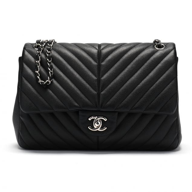 Chanel Black Chevron Calfskin Small Classic Double Flap Silver