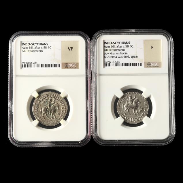 indo-scythians-azes-i-ii-after-58-bc-two-ar-tetradrachms-ngc-f-and-vf