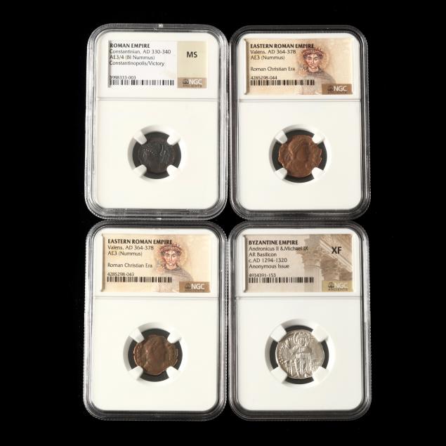 three-roman-bronzes-and-a-byzantine-silver-coin-ngc-slabbed