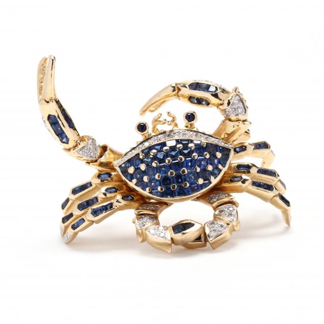 gold-sapphire-and-diamond-en-tremblant-crab-brooch