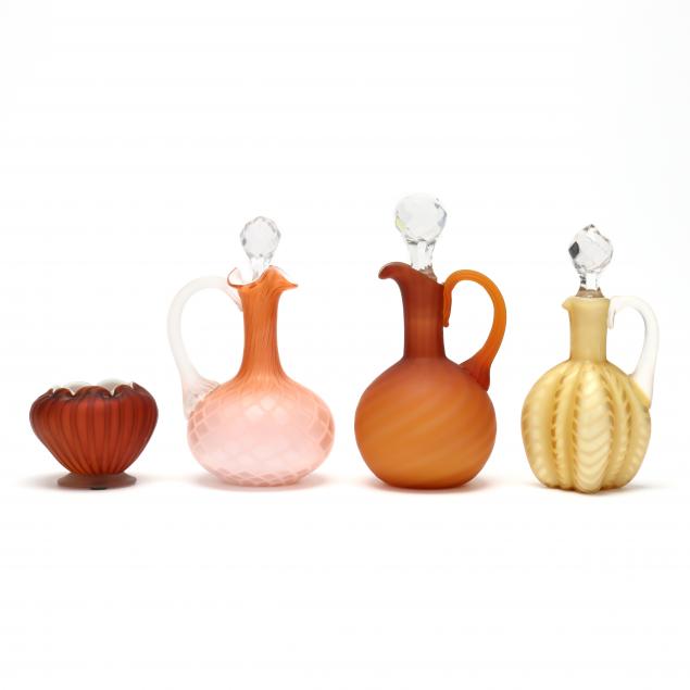 attributed-mount-washington-three-glass-cruets-and-cabinet-vase
