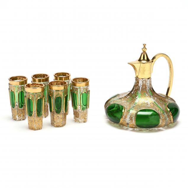 moser-emerald-cabochon-and-gilt-glass-decanter-and-six-cordials
