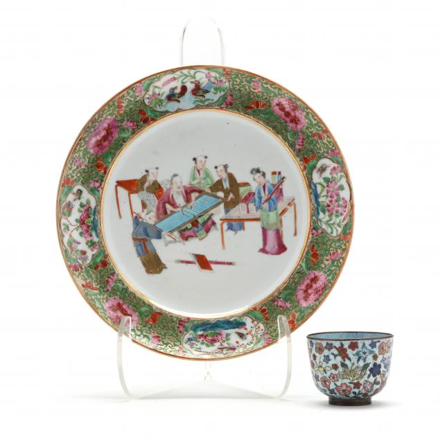a-chinese-famille-rose-scholar-plate-and-chinese-cloisonne-cup