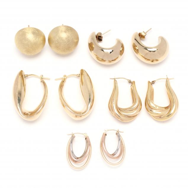 three-pairs-of-gold-earrings-and-two-pairs-of-vermeil-earrings