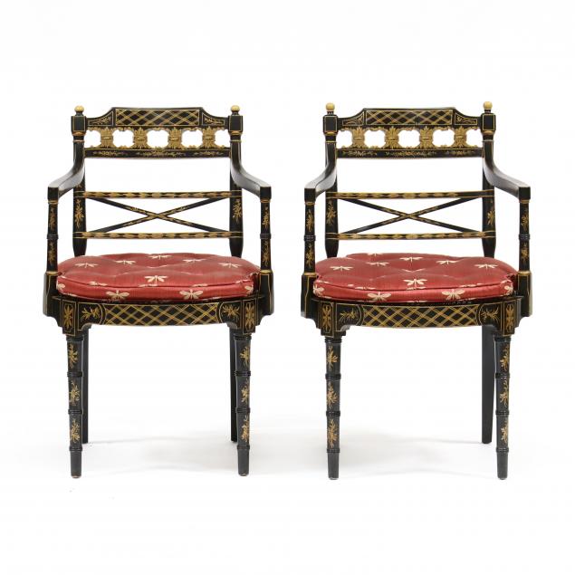 pair-of-regency-style-ebonized-and-gilt-armchairs