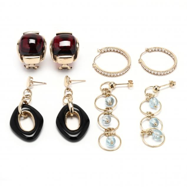 group-of-gold-and-gem-set-earrings
