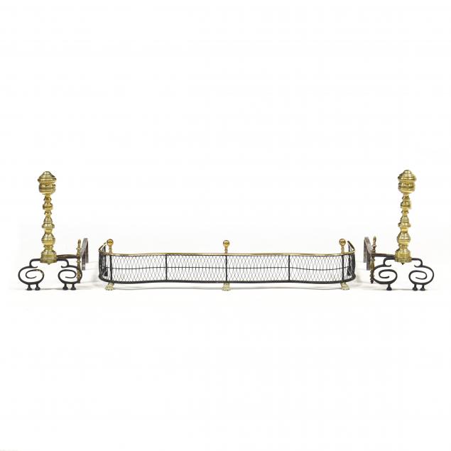 pair-of-chippendale-style-brass-andirons-and-wirework-fire-fender