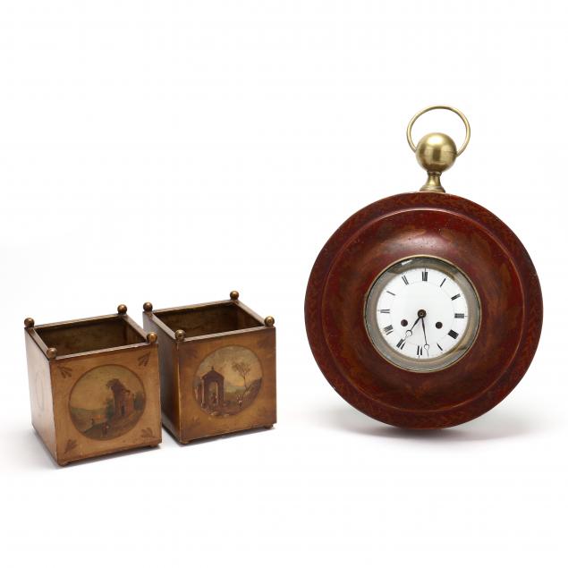 a-pair-of-continental-toleware-cachepots-and-tole-wall-clock