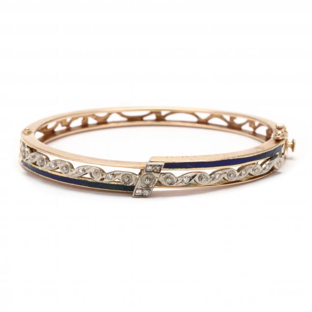 vintage-bi-color-gold-diamond-and-enamel-bangle-bracelet