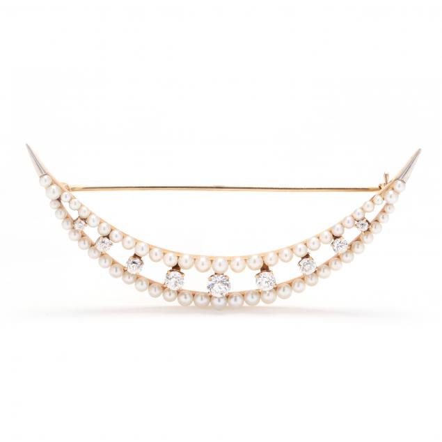antique-gold-diamond-and-pearl-crescent-brooch