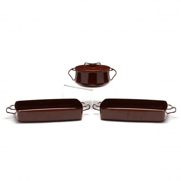 jens-quistgaard-denmark-1919-2008-three-pieces-of-kobenstyle-brown-enamel-cookware