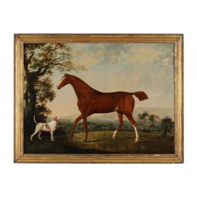 attributed-charles-towne-british-1763-1840-a-chestnut-hunter-and-a-terrier