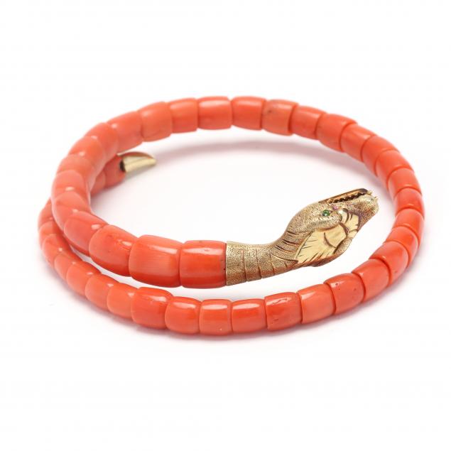 vintage-gold-coral-and-gem-set-serpent-motif-bracelet