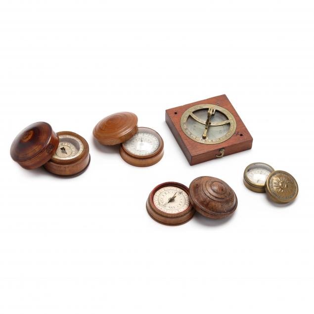 five-antique-cased-pocket-sundial-compasses