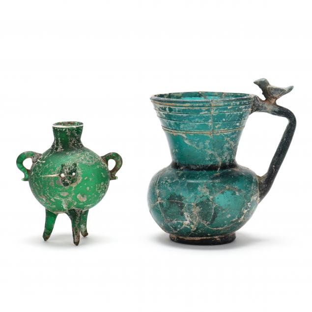 byzantine-islamic-style-blue-green-glass-pitcher-and-green-glass-tripod-jar